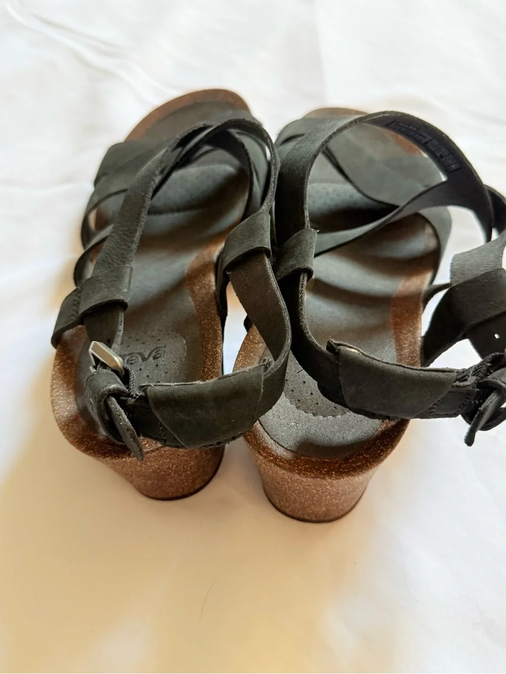 Teva Black Leather Cork Wedge Sandals Strappy Slingback Platform Shoes Size 9.5